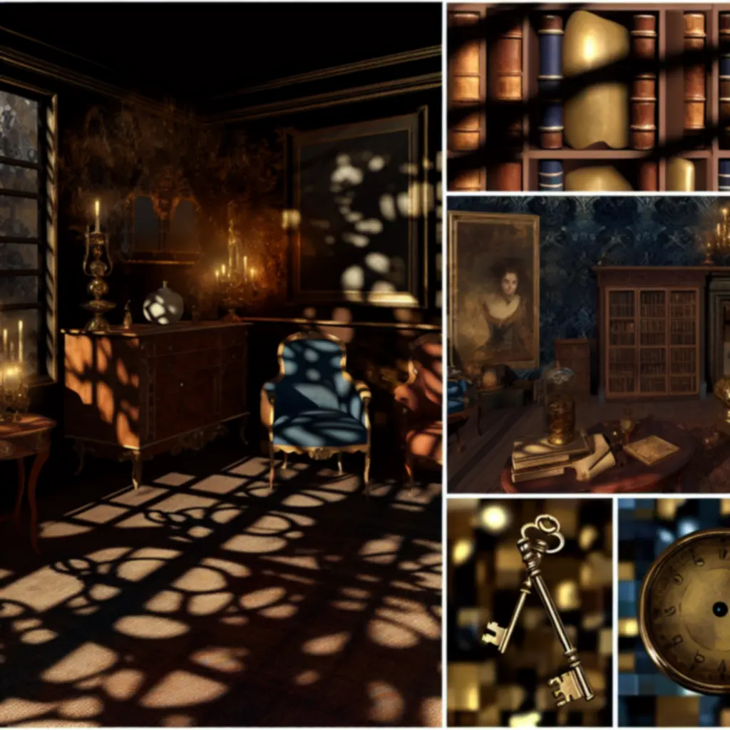 Nastrojowy pokój escape roomu w mrocznych odcieniach brązu, złota i granatu, stylizowany na wnętrze z końca XIX wieku.