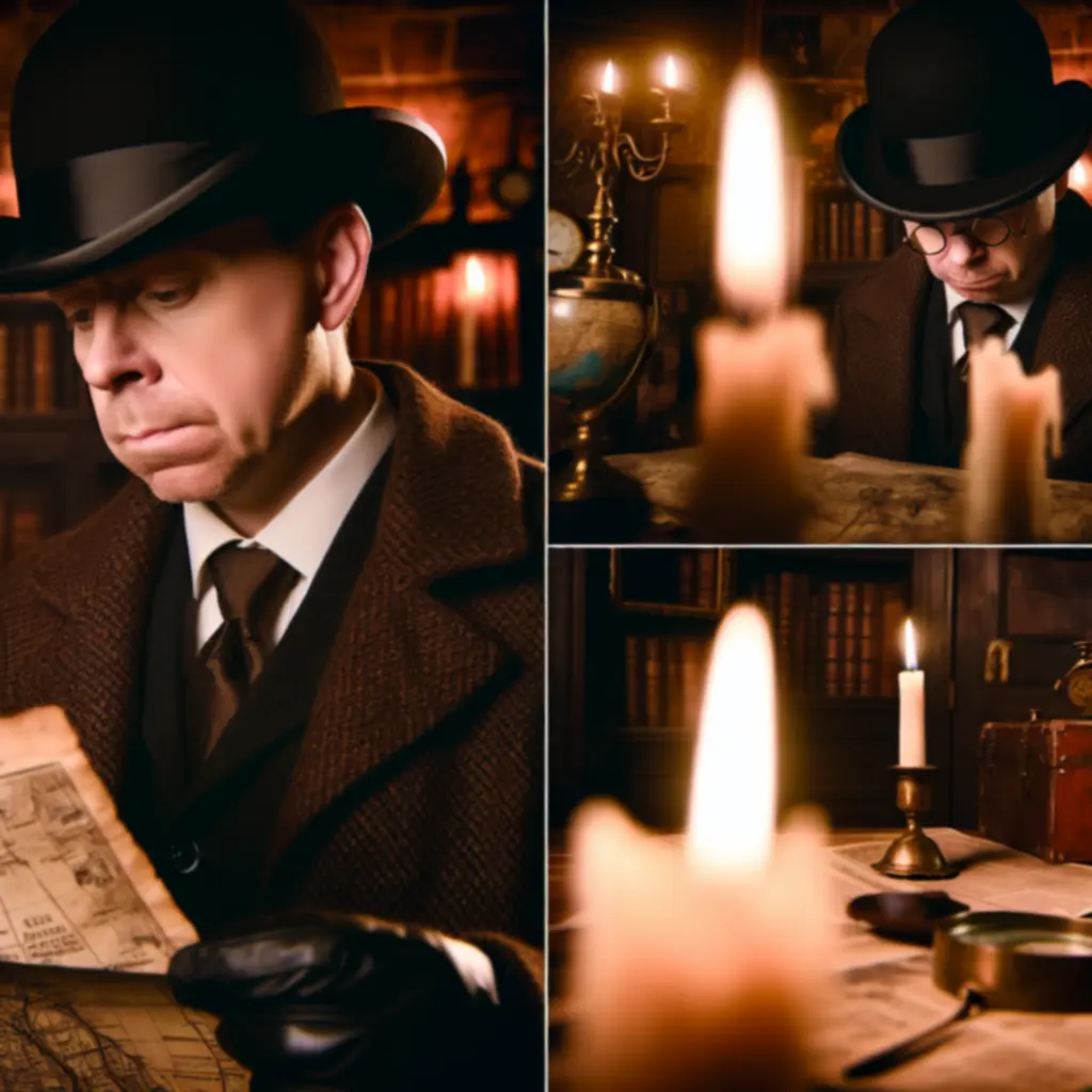Detektyw z końca XIX wieku w kapeluszu i płaszczu, analizujący wskazówki.