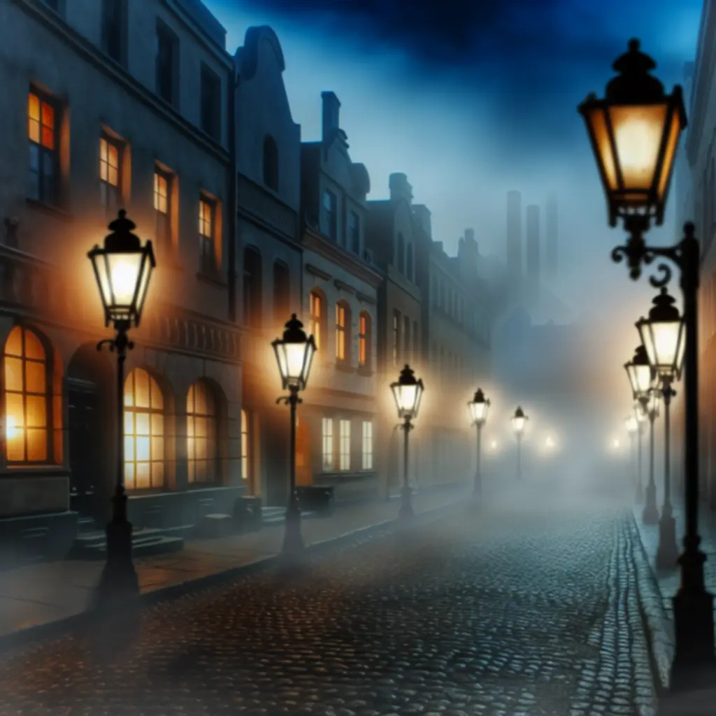 Atmosferyczna, XIX-wieczna ulica spowita mgłą w grze Escape Game: 1888