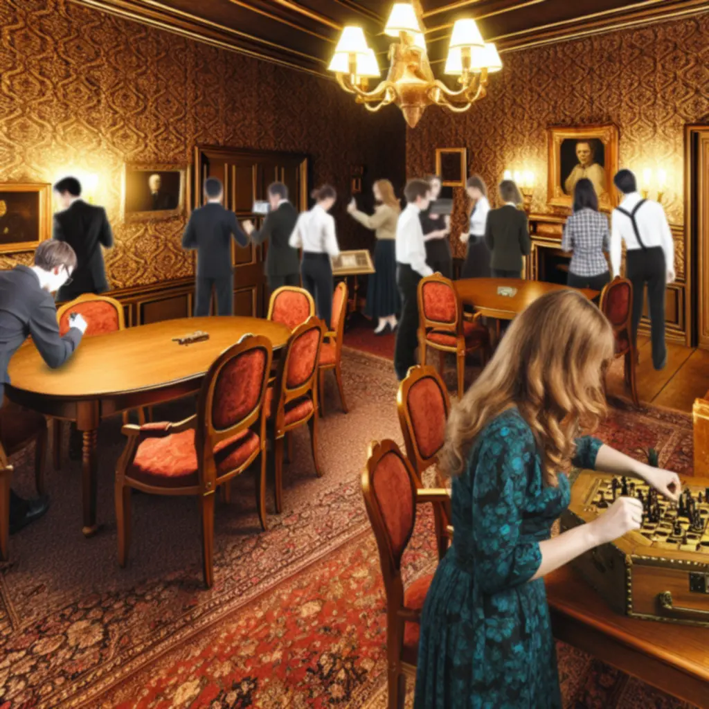 Stylizowany interfejs Escape Game: 1888 z widokiem XIX-wiecznego pokoju pełnego zagadek.