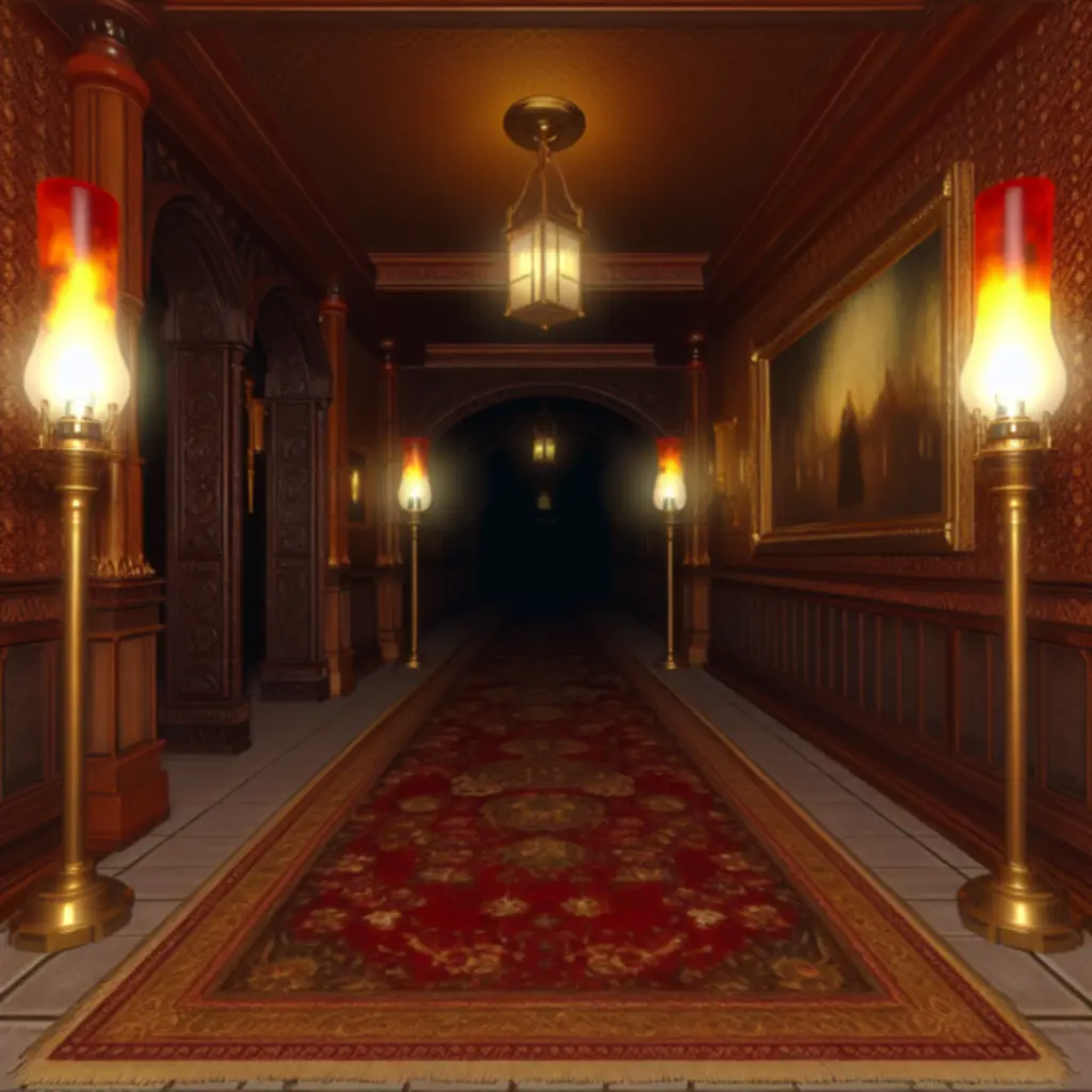 Klimatyczny, ciemny korytarz w stylu XIX wieku oświetlony pojedynczą lampą