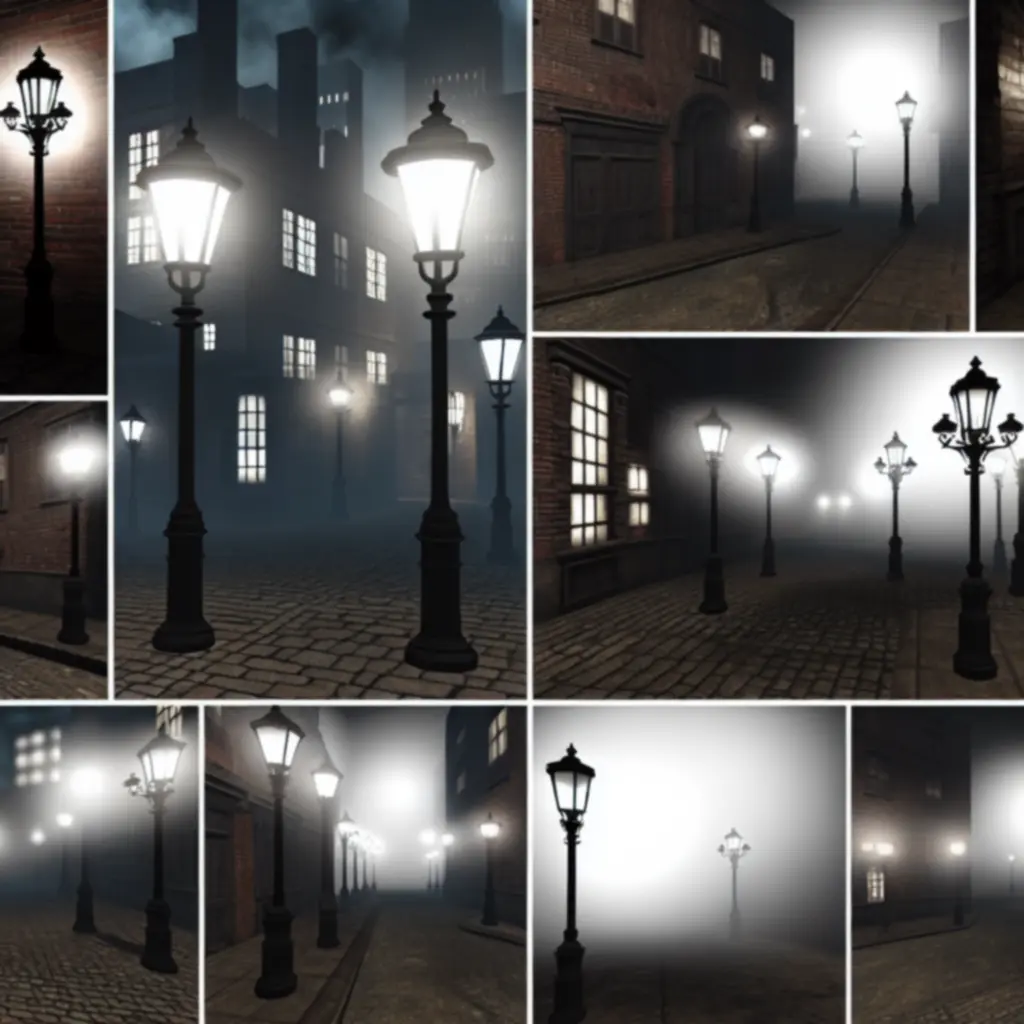 Nocny widok na mroczne, XIX-wieczne ulice Londynu spowite mgłą