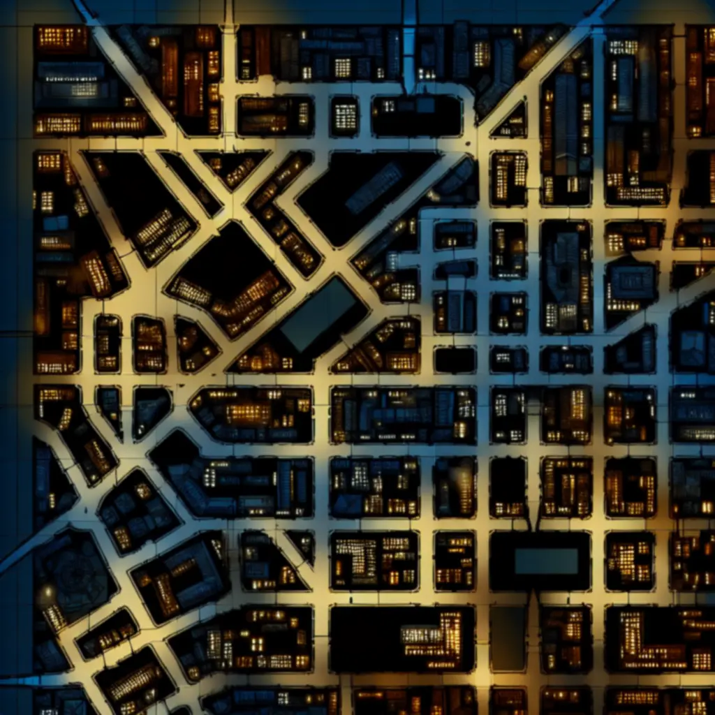 Stylizowana mapa XIX‑wiecznego miasta z zaznaczonymi lokacjami: mieszkanie detektywa, stara biblioteka oraz podejrzane zaułki