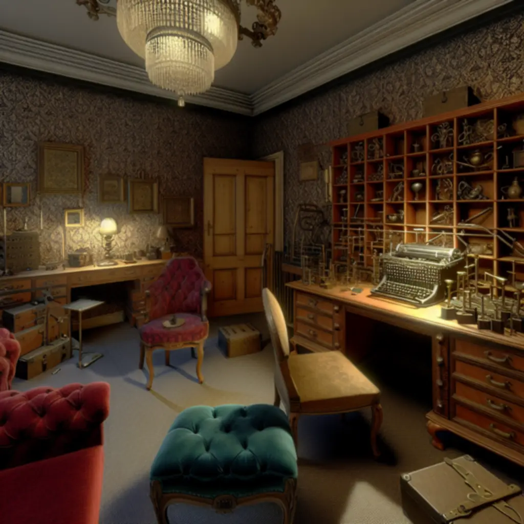 Stylizowany pokój escape-room z elementami wystroju z końca XIX wieku.