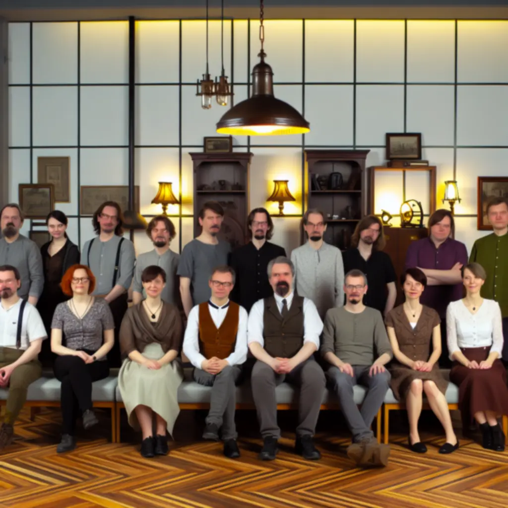 Zespół tworzący Escape Game: 1888 podczas pracy nad zagadkami w klimatycznym, przyciemnionym wnętrzu.