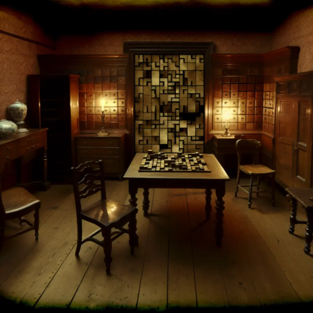 Ciemne wnętrze pokoju zagadek oświetlone ciepłym światłem lampy naftowej