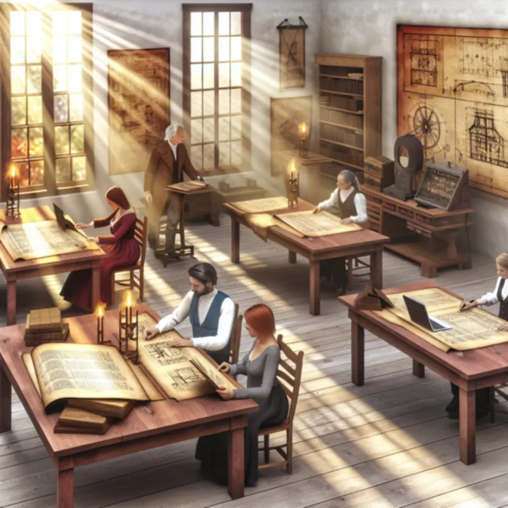 Zespół projektowy prowadzący badania nad epoką wiktoriańską w zabytkowych wnętrzach, otoczony notatkami i szkicami zagadek.